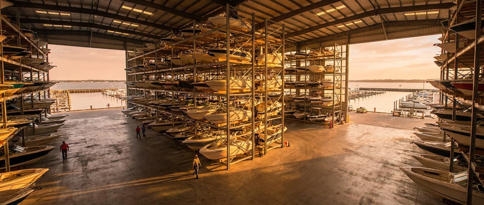 Boat storage facility with dry stack racks at golden hour