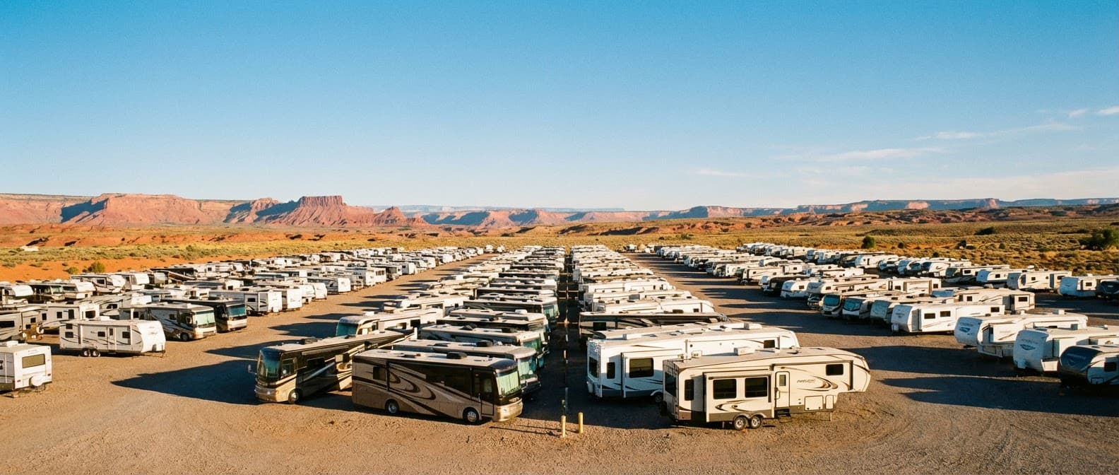 Large RV storage lot with motorhomes in the American Southwest