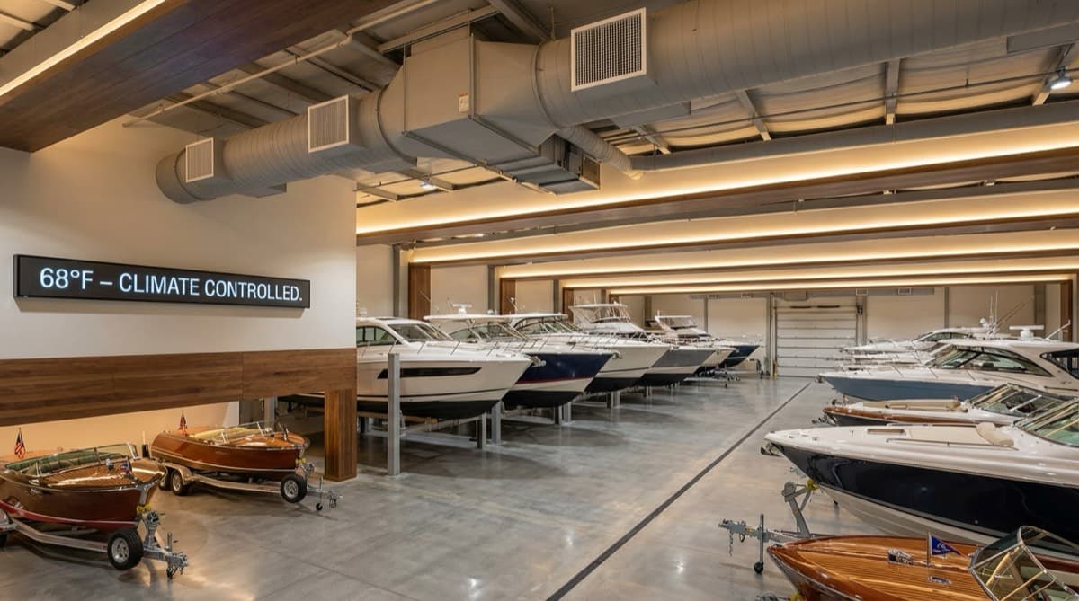 Interior of a premium climate-controlled boat storage building