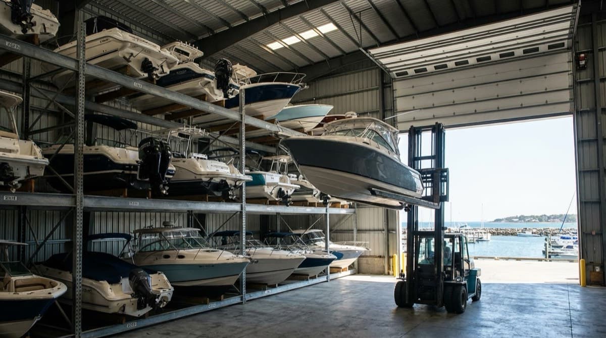 Dry stack boat storage warehouse with boats stacked on metal racks