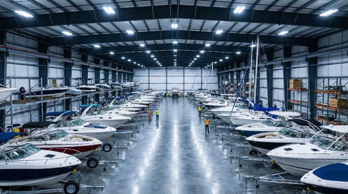 Interior of a large indoor boat storage warehouse with boats in rows