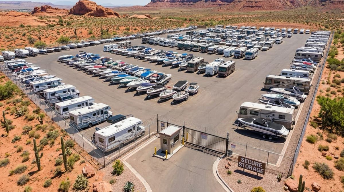 Aerial view of an outdoor boat and RV storage lot with dozens of vehicles