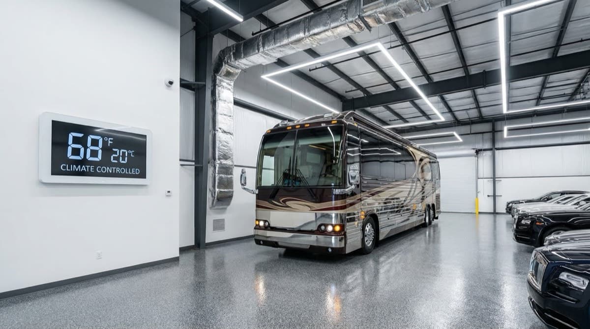 Luxury motorhome inside a climate-controlled storage building