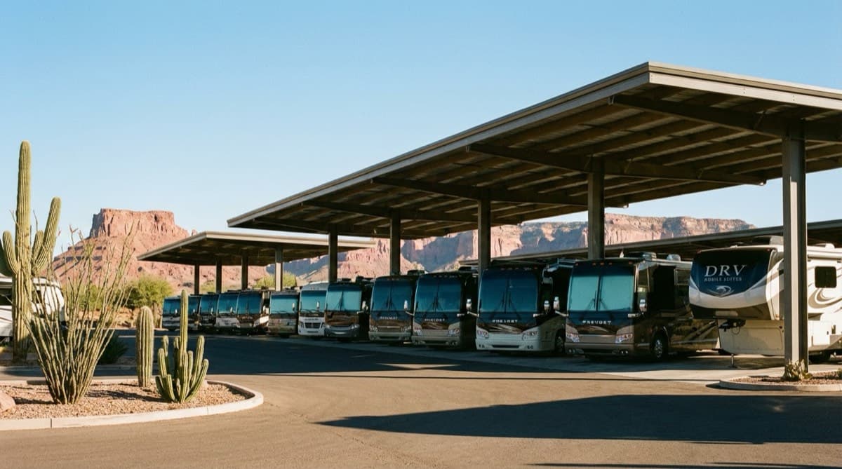 Row of large motorhomes and fifth wheels under covered carport structures