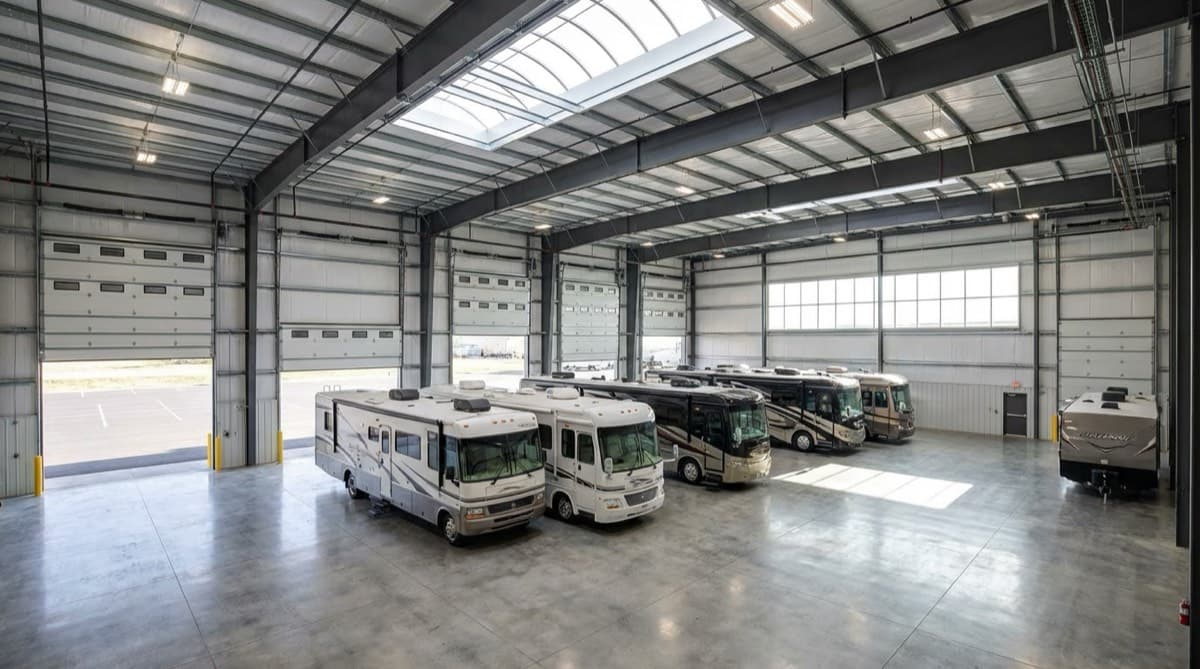Interior of a large enclosed RV storage building with motorhomes and trailers